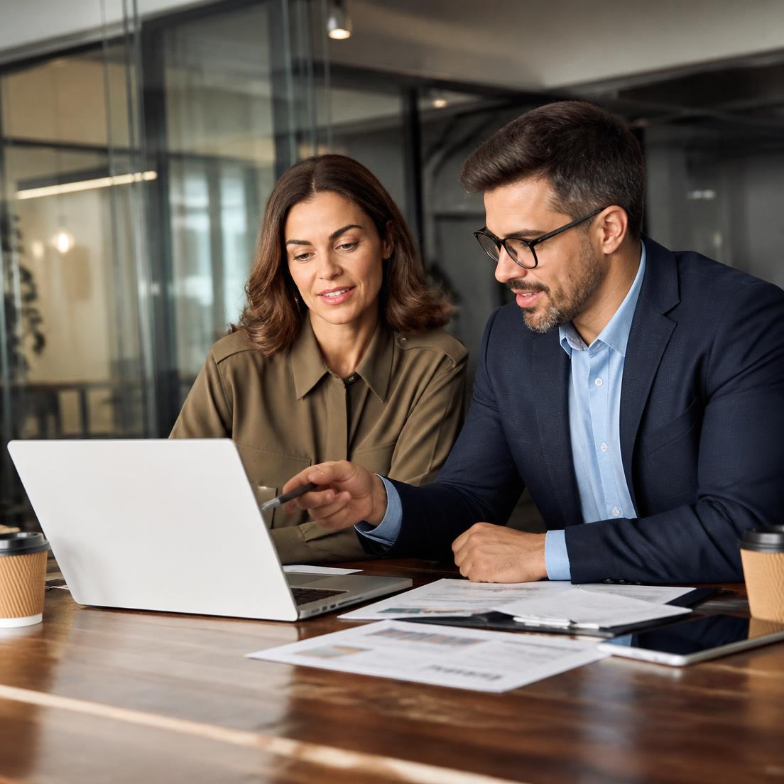 Consultores da Innovati analisando indicadores de gestão em um notebook